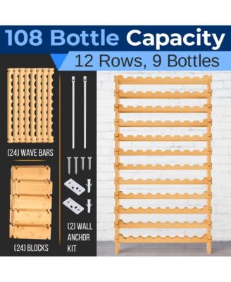 12-Tier Bamboo Wine Shelf for 108 Bottles with Adjustable Shelves