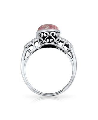 Bezel Set Oval  Pink Rhodochrosite Ring Band Floral Band Sterling Silver