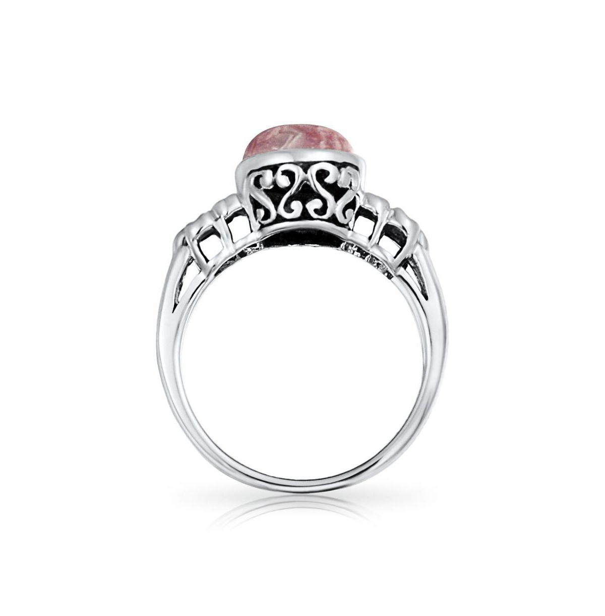Bling Jewelry Bezel Set Oval Pink Rhodochrosite Ring Band Floral Sterling Silver
