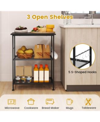 3-Tier Kitchen Serving Cart Utility Standing Microwave Rack with Hooks Rustic