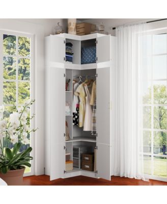 White Wood 6-Door Corner Wardrobe Armoires with Storage Shelves