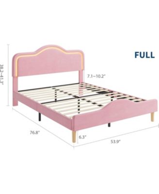 Size Velvet LED Bed Frame with Adjustable Headboard, Princess Platform Bedframe for Kids/Girls, No Box Spring Needed