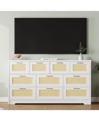 10 Drawer Dresser for Bedroom, 59'' Rattan Dresser TV Stand for 55, 65, 70 TVs