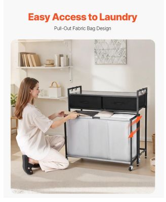 3-Section Laundry Sorter, Rolling Hamper with Wood Top, 2 Drawers, Hooks & Wheels, Pull-Out Bags, Bathroom Organizer