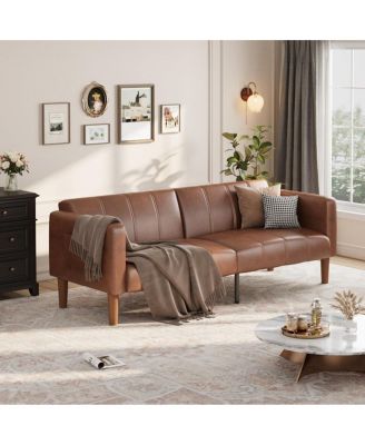 75 Inch Futon Sofa Bed - Convertible Sleeper - Faux Leather Small Couch - Loveseat - Mid-Century Modern Couch for Living Room/Bedroom - Brown