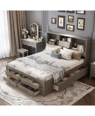 King Size Platform Bed with Storage Headboard and 8 Drawers
