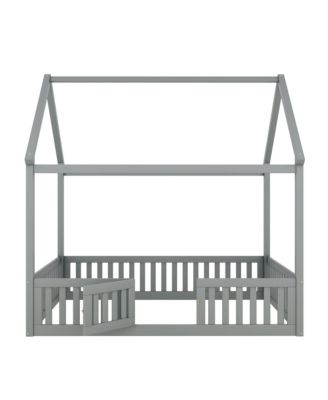 Full Size Wood House Bed with Fence and Door