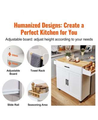 Kitchen Island Cart with Solid Wood Top, 35.4" Wide, Storage Cabinet, Drop Leaf, Drawer, Spice Rack, Towel Rack, Rolling, White