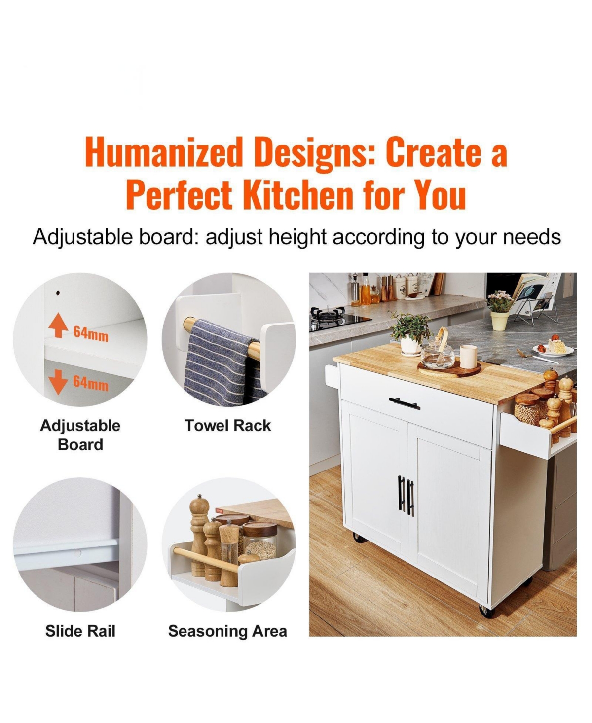 Volenca Kitchen Island Cart with Solid Wood Top, 35.4" Wide, Storage Cabinet, Drop Leaf, Drawer, Spice Rack, Towel Rack, Rolling, White