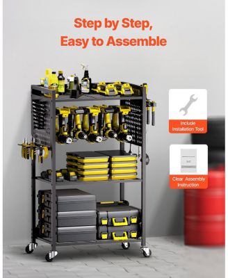 4-Tier Tool Cart, 150 lb Capacity, Rolling Drill Holder & Storage Rack on Wheels.