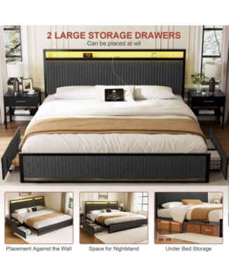 Upholstered King Bed Frame with LED Display Headboard, 2 Storage Drawers, Charging Station, Gray