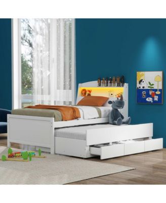 Twin Size Platform Bed with Storage LED Headboard, Twin Size Trundle and 3 Drawers