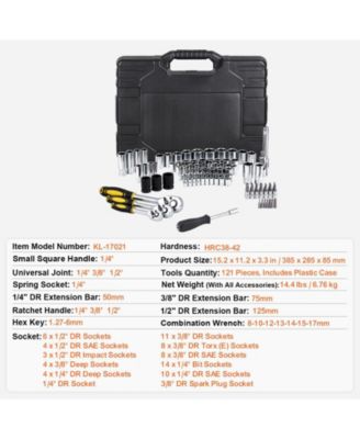 121-Piece Mechanics Tool Set, 1/4" 3/8" 1/2" Drive SAE & Metric Sockets, Bits, Wrenches, Ratchet, Plastic Case