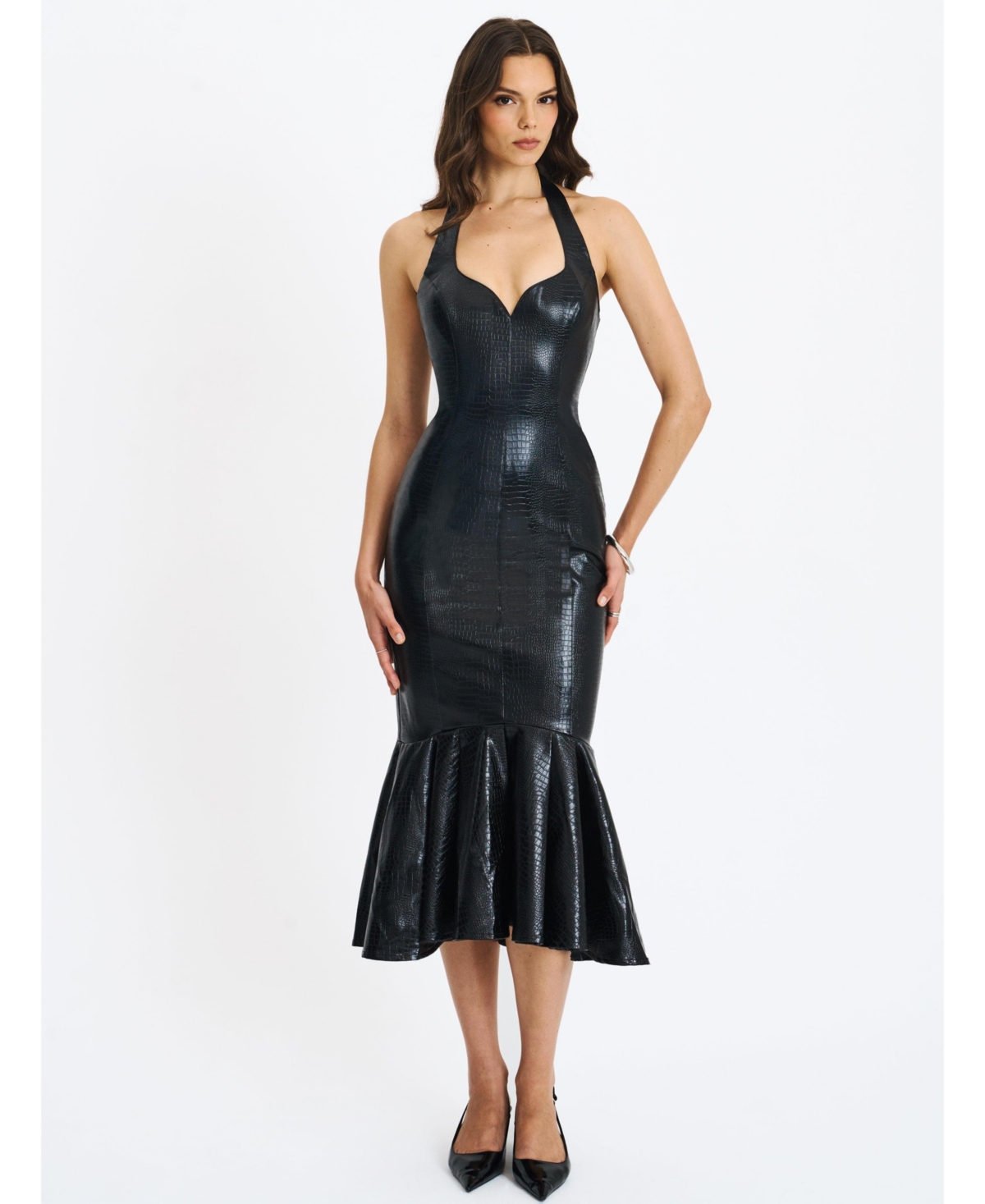 Miss Circle Women's Gardenia Black Leather Midi Sweetheart Halter Flared Dress