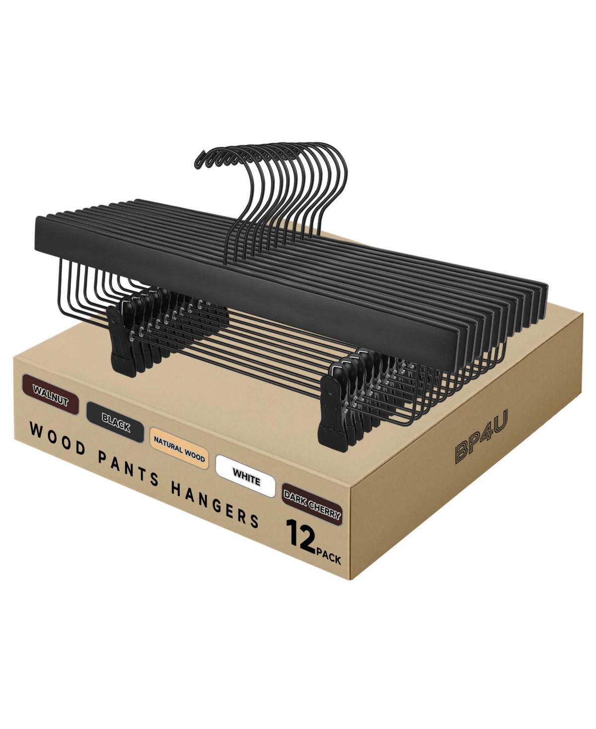 BP4U 24-Pack Premium Wooden Pants/Skirts Hangers with Adjustable Clip, Heavy Duty Solid Wood Bottom for Trousers, Dress Slacks