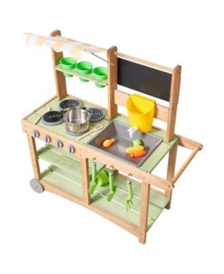 Kids Outdoor Mud Kitchen, Wooden Play Kitchen with Sink, Sunshade Canopy & Swivel Wheels, Spoons, Cookware Pots & Accessories