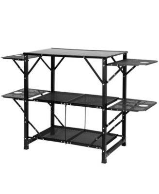 Camping Kitchen Table Cook Station, One-Piece Folding Portable Aluminum Table with Carrying Bag, 4 Side Tables and 2 Shelves