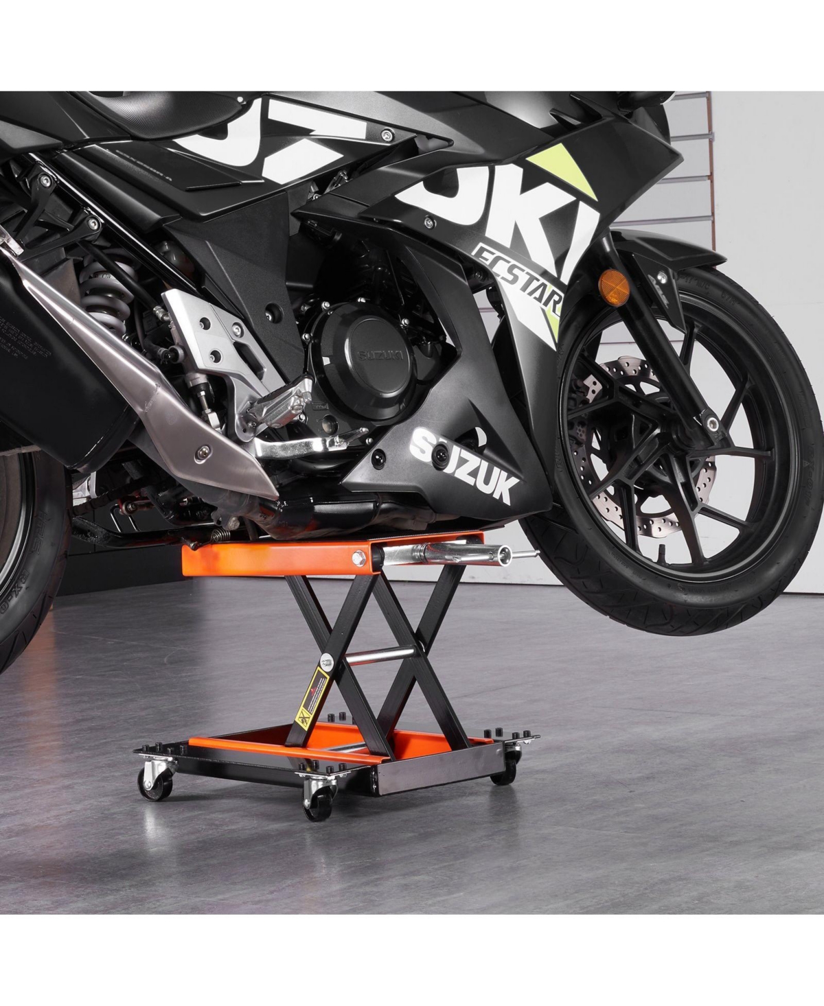 Mecale Motorcycle Lift, 1100 lb Scissor Lift Jack with Dolly & Hand Crank, Wide Deck, Tool Tray, Center Hoist Stand