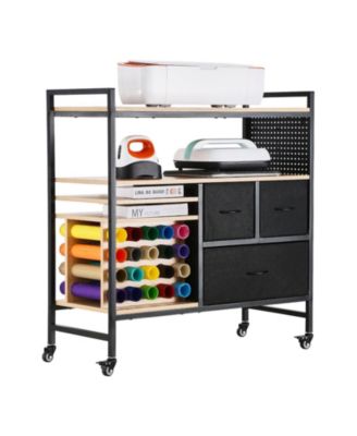 Rolling Craft Cart & Storage Table for Cricut Machines, 20 Vinyl Roll Holders, 3 Drawers, Craft Organizer Workstation, Black