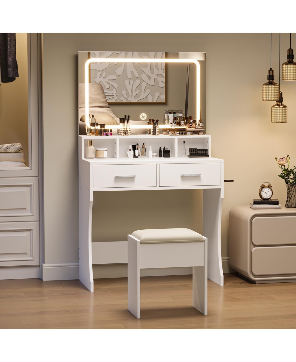 gaomon Vanity Desk with Led Mirror & Power Outlets,3 Light Modes, Modern Dressing Table for Bedroom