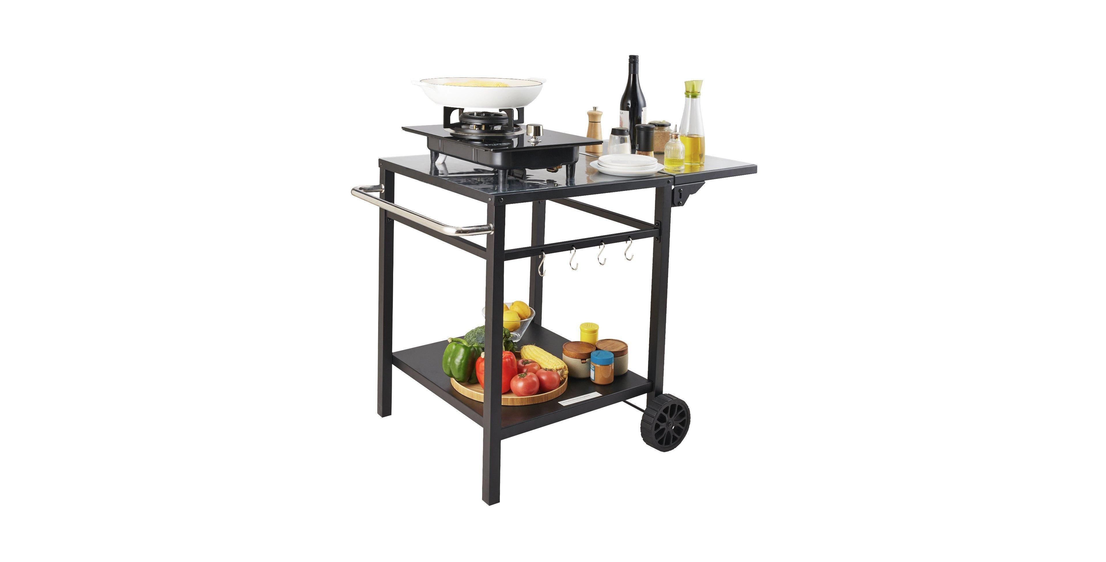 Mecale Outdoor Grill Prep Cart, Double-Shelf Folding Iron Table with Wheels, Carry Handle, for Bbq & Pizza Oven