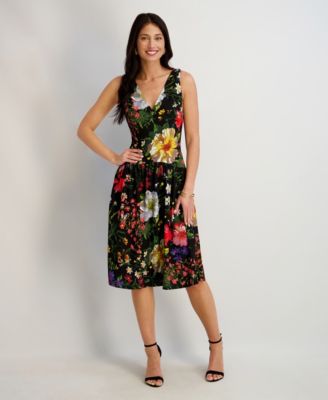 Women's Printed V-Neck Midi Dress