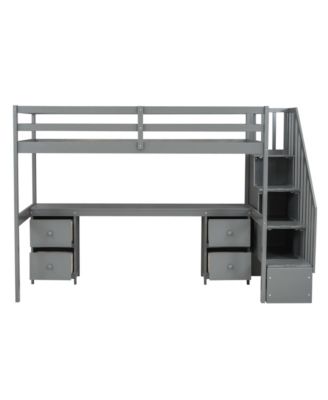 Twin Size Loft Bed Frame with Built-in Desk and Double Storage Drawers