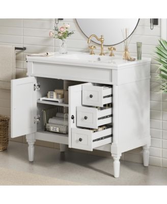 36" Bathroom Vanity with Ceramic Sink, Soft-Close Doors & Adjustable Shelves.