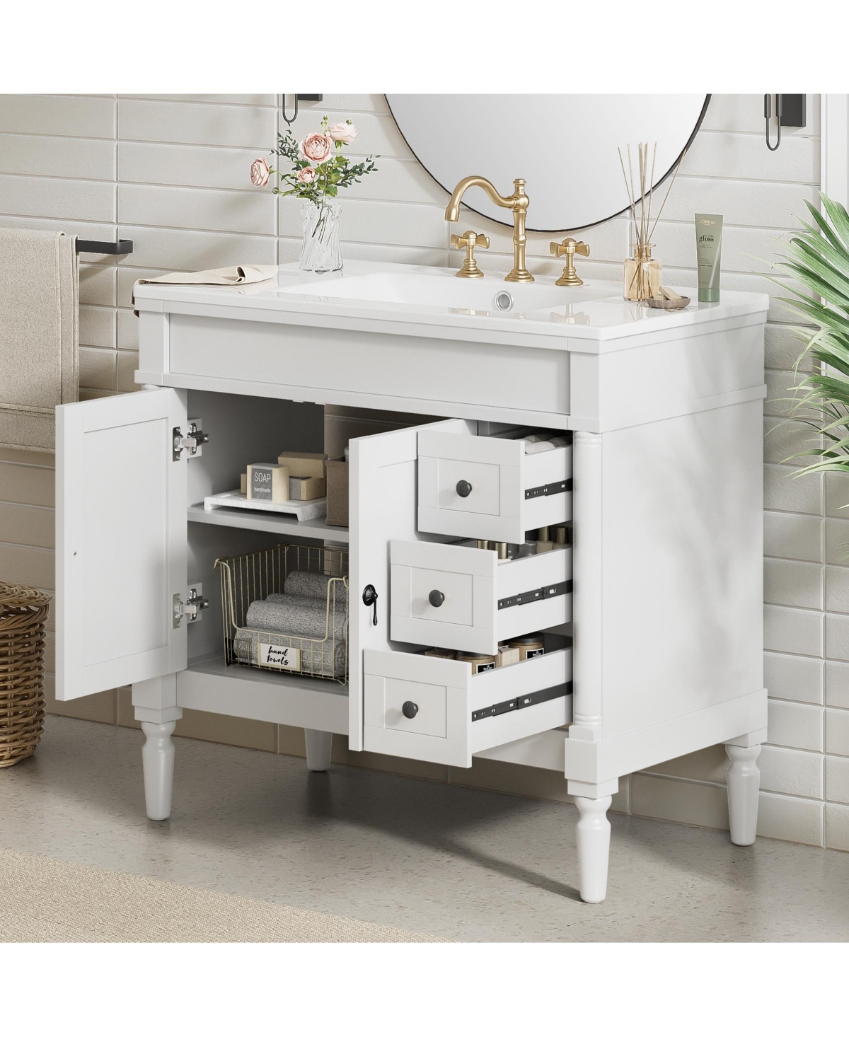 Cesicia 36" Bathroom Vanity with Ceramic Sink, Soft-Close Doors & Adjustable Shelves.