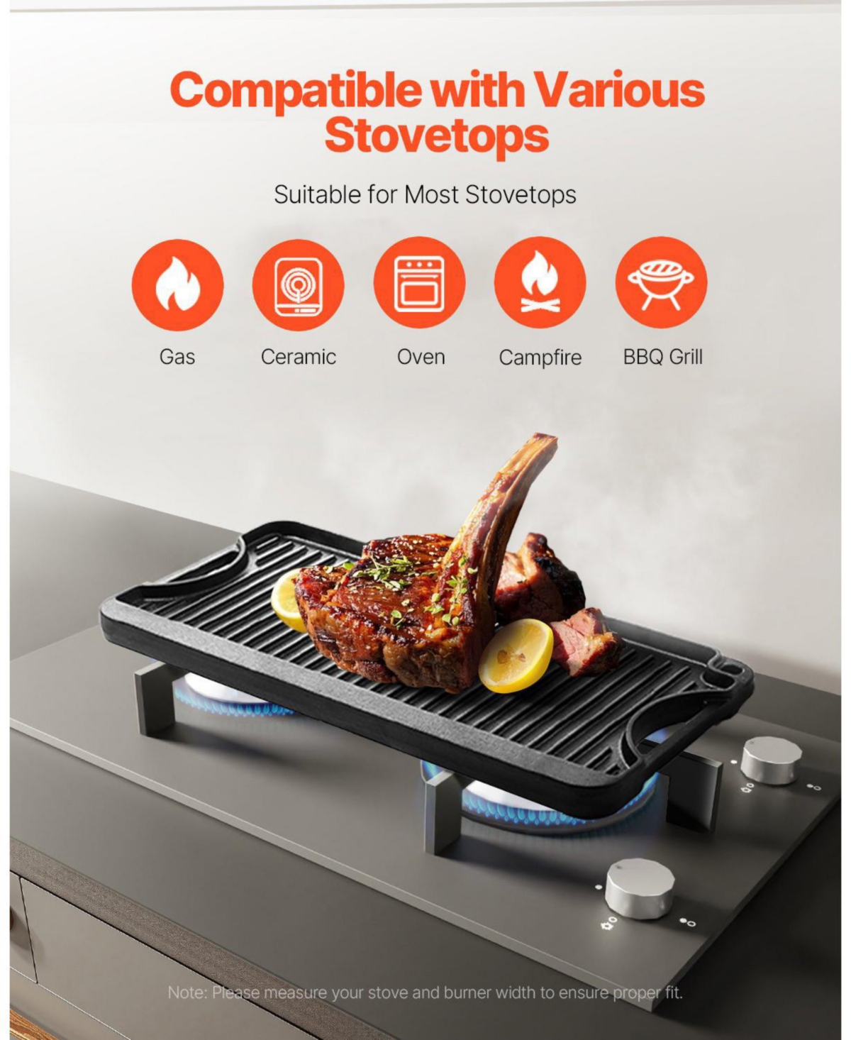 Ecooso 20 x 10 in Reversible Cast Iron Grill/Griddle, Pre-Seasoned Rectangular Griddle Pan with Handle, for Stove Top and Camping Bbq, Black