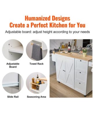 Kitchen Island Cart with Solid Wood Top, 45.3" Wide, Storage Cabinet, Drop Leaf, Drawer, Spice Rack, Towel Rack, Rolling, White