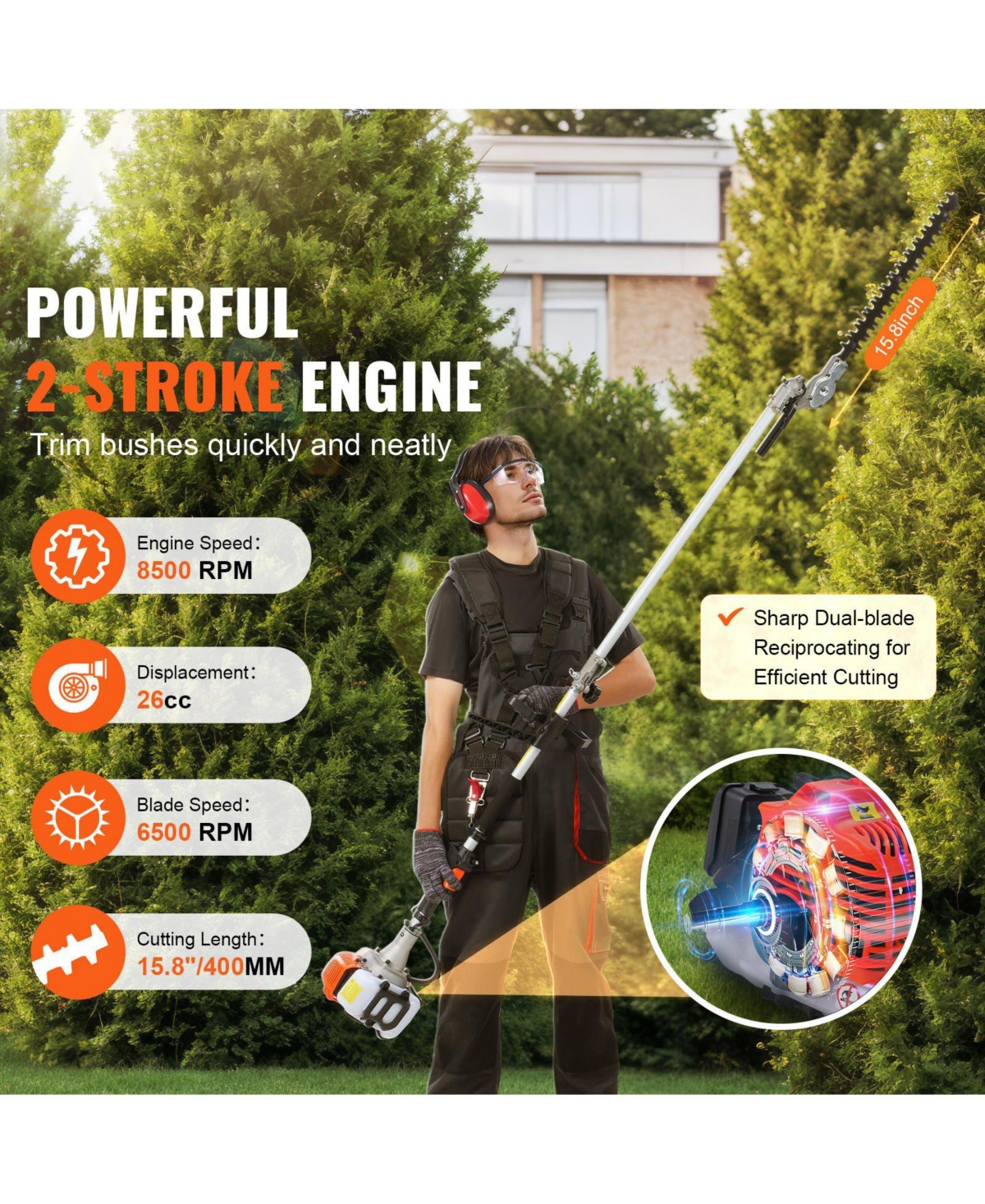 Mecale 15.7" 26CC 2-Cycle Gas Hedge Trimmer, Dual-Sided Dual-Action Blade, 270° Adjustable Trimmer Head, Pole Hedge Trimmer