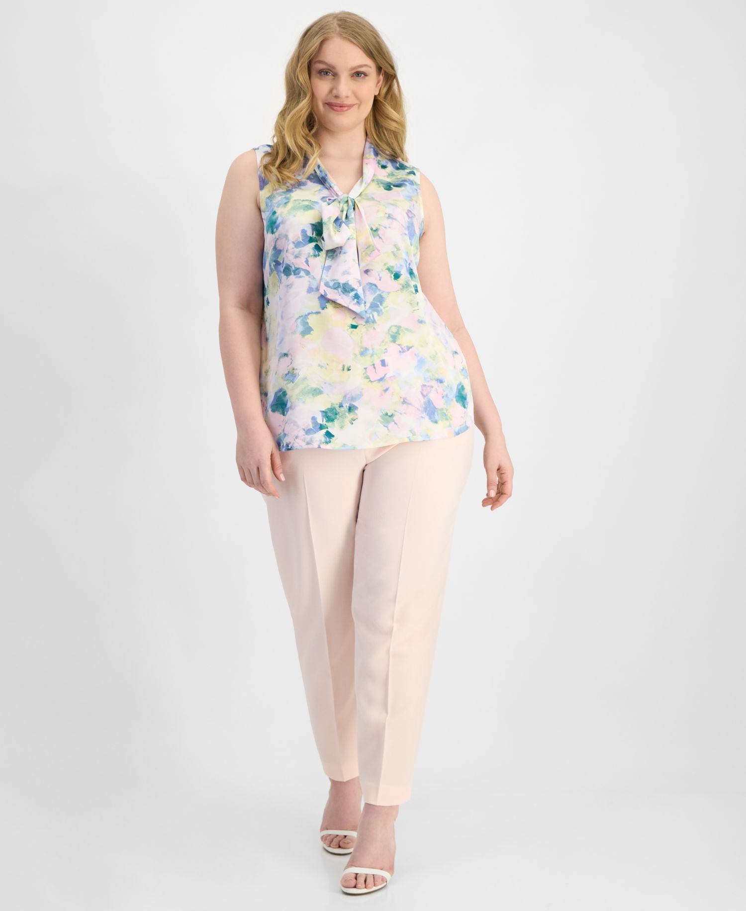 ASL Plus Size Printed Tie-Neck Sleeveless Blouse
