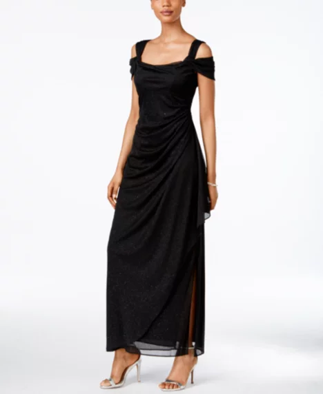 Cold-Shoulder Draped Metallic Petite Gown - Black