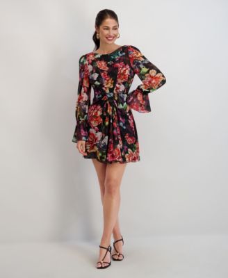 Women's Printed Chiffon Boat Neck Short Dress