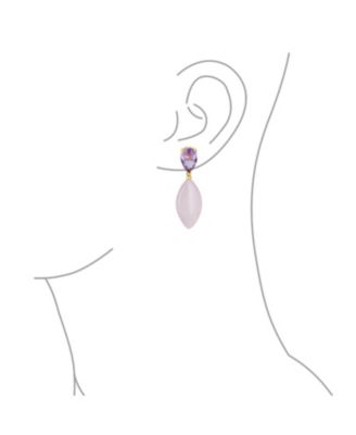  Pink Quartz Rhombus Teardrop Purple CZ & Dangling Earrings Gold Plated