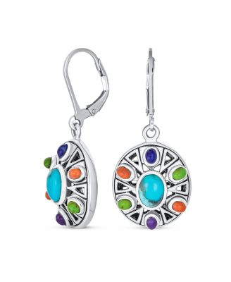 Native American Style Multi Color Round Lapis Turquoise Drop Earrings Silver