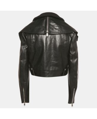 Women's Black Rib Knit And Leather Crop Jacket