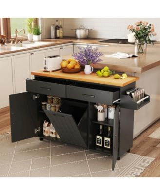 Rolling Kitchen Island Kitchen Cart with Tilt-out Trash Cabinet Island Table