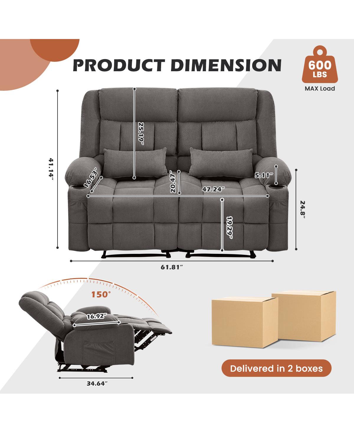 Clihome Recliner Loveseat with Cup Holders for Living Room Love Seat Manual Oversized Ergonomic, Side Pocket Adult