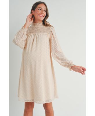 Maternity Smocked Neck Long Sleeve Textured Dot Dress