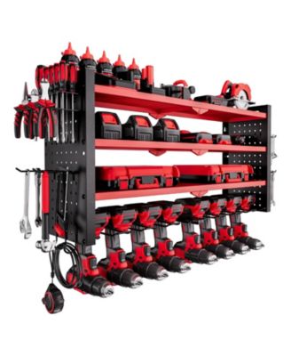 Wall-Mount Power Tool Organizer, 4-Tier Storage Rack with 8 Drill Holders, Side Pegboards, Garage Tool Storage Rack