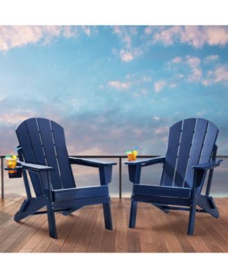 Set of 2 Plastic Adirondack Chairs, All-Weather Folding Patio Chairs with Cup Holder, Ergonomic Armrests