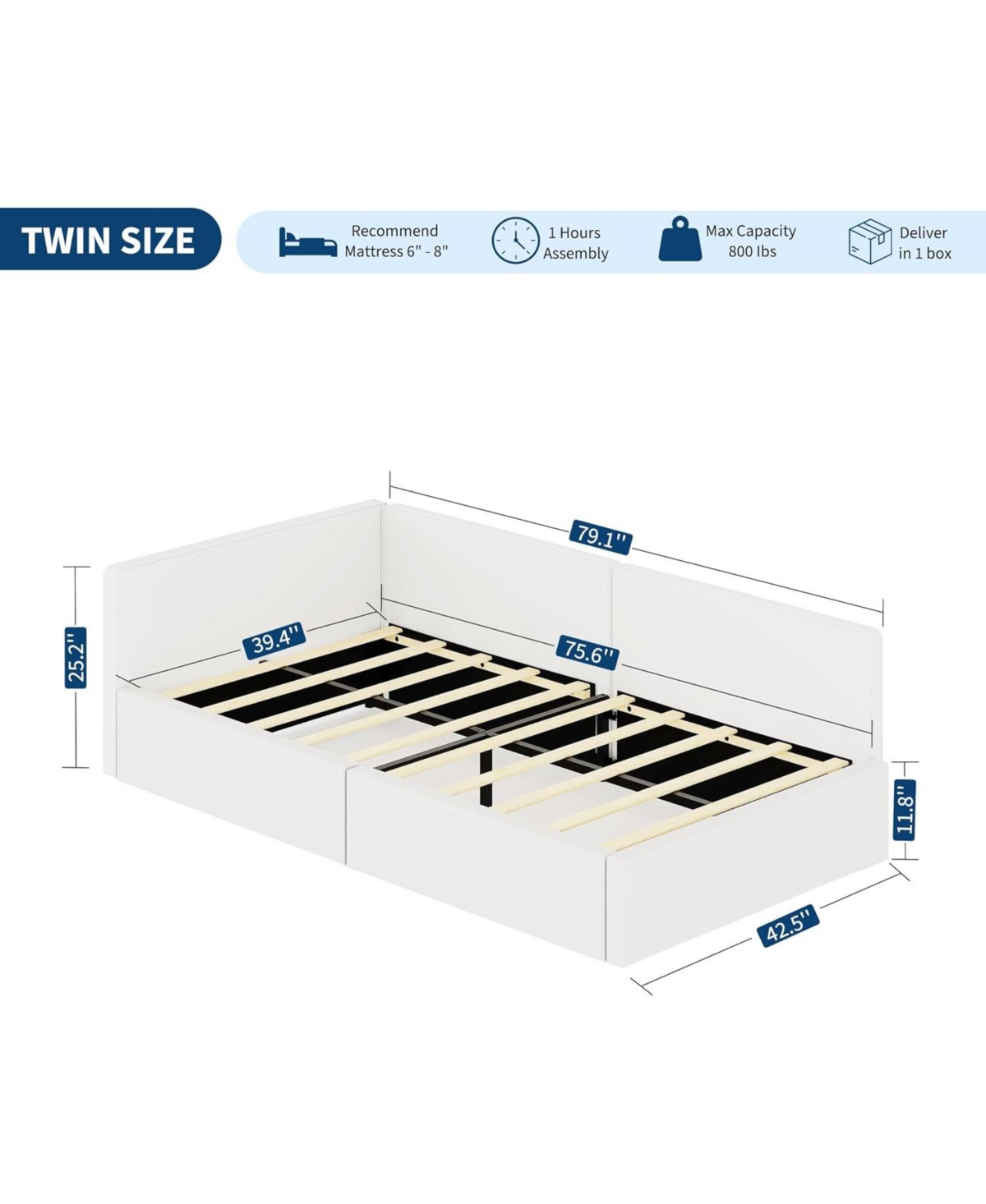 gaomon Daybed with Guardrails, Velvet Upholstered Corner Bed Frame, Adjustable Headboard, No Box Spring Needed