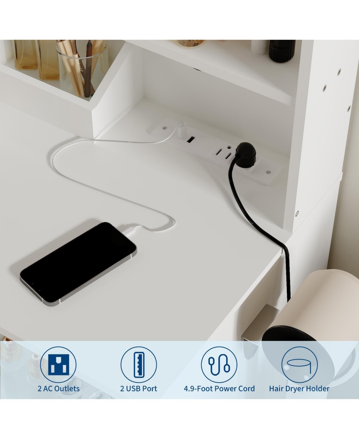 gaomon Makeup Vanity Desk with Led Mirror & Power Outlet,Vanity Set Storage Drawers,Shelves Stool
