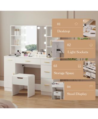 Farmhouse Vanity Set with Lighted Mirror,56 Inch Modern Makeup Vanity with Charging Station&Storage Shelves