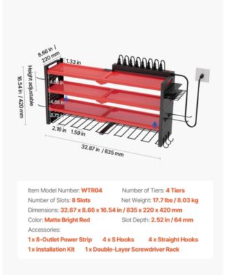Power Tool Organizer with Charging Station, 4-Tier Wall Rack with 8 Drill Holders, Side Pegboard, Built-In 8-Outlet Power Strip