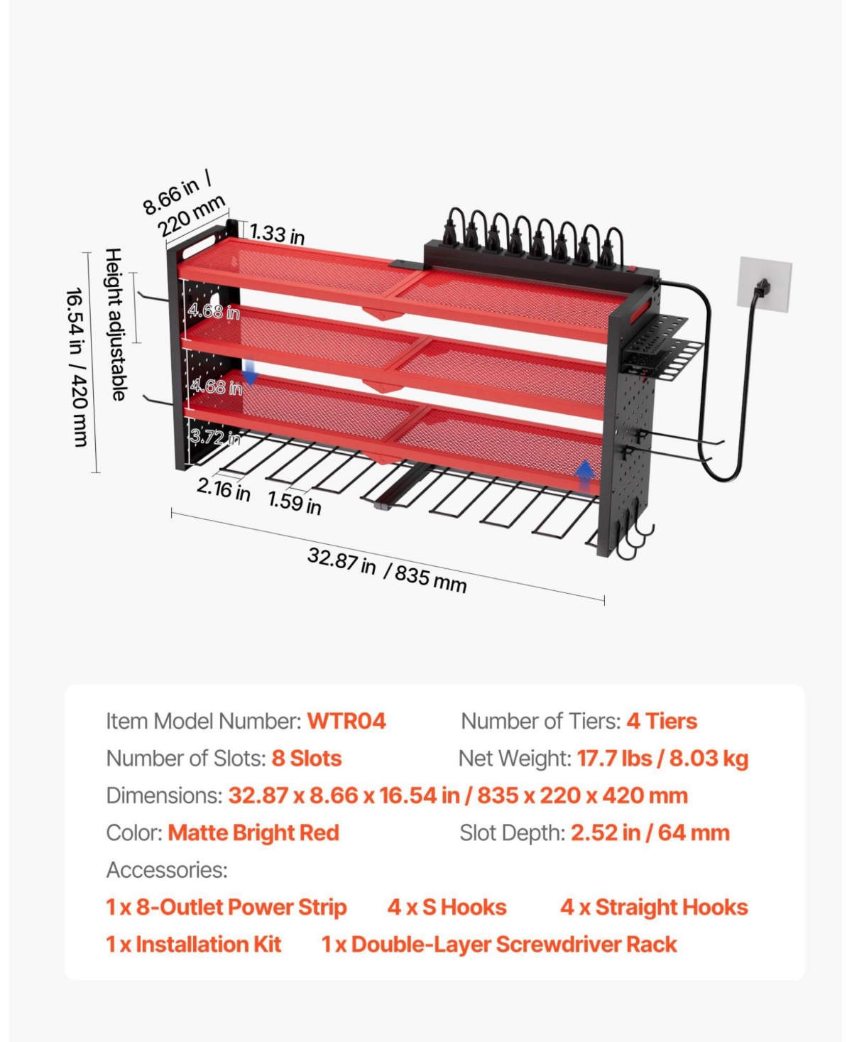 Mecale Power Tool Organizer with Charging Station, 4-Tier Wall Rack with 8 Drill Holders, Side Pegboard, Built-In 8-Outlet Power Strip