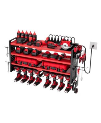 Power Tool Organizer with Charging Station, 4-Tier Wall Rack with 8 Drill Holders, Side Pegboard, Built-In 8-Outlet Power Strip