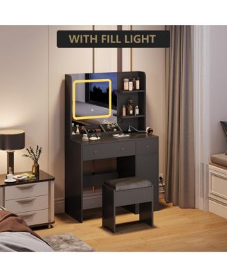 Vanity Desk and Stool with Mirror and Lights，Makeup Vanity with Charging Station, Drawers